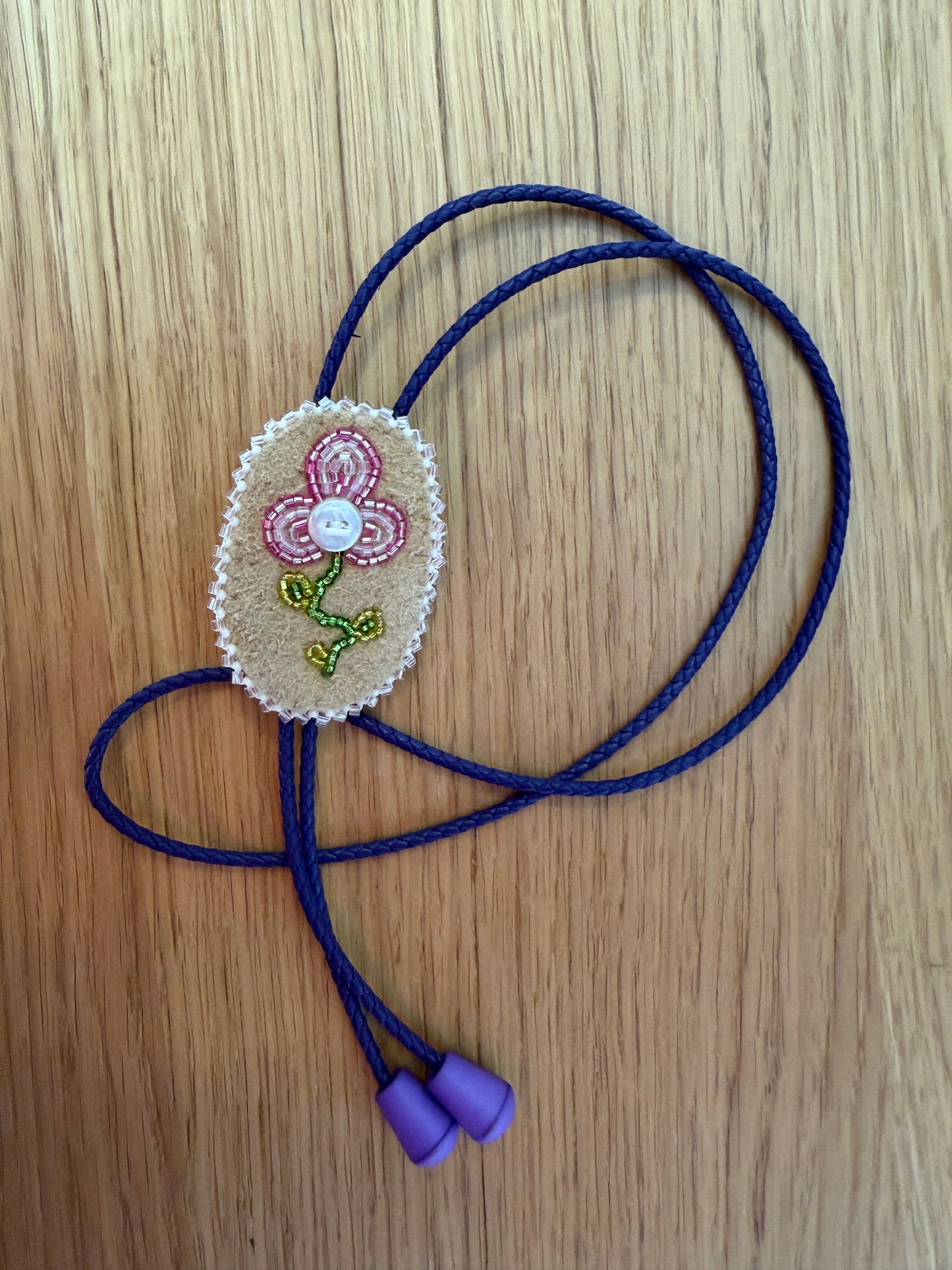 Pink Flower Moose Hide Bolo Tie